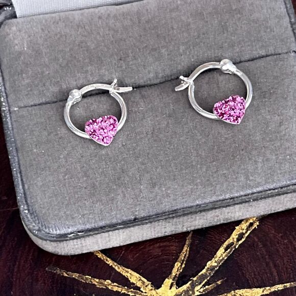 Pink Cubic Zironia Heart Sterling hoops Huggie Earrings love jewelry by JCM - Picture 4 of 8
